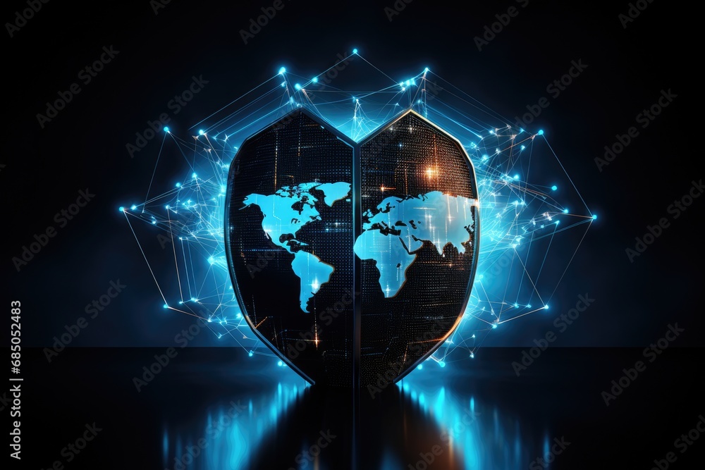 Poster glowing shield with world map on dark background. network concept. 3d rendering, global network secu