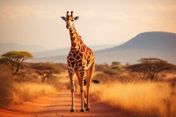 Giraffe in the savannah at sunset, Kenya, Africa, giraffe walking in the savannah, AI Generated - obrazy, fototapety, plakaty