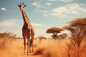 Giraffe in the savanna of Etosha National Park in Namibia, giraffe walking in the savannah, AI...