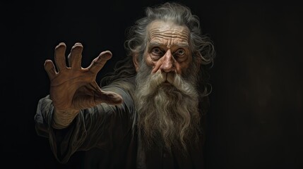 an old man with long white hair and beard in the black shadow looking into camera with his hand towards it. Generatvie AI