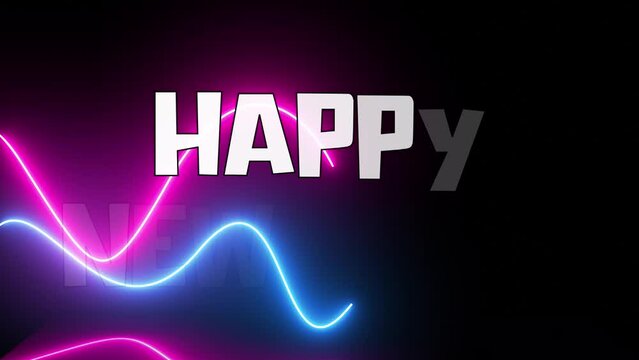Happy new yeat ramp up text typography with neon wavy lines moving animation, 2024, new years, Happy new year lettering inscription with glowing wavy lines on background, 2024, Holiday wishes
