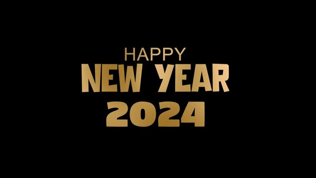 Golden Happy new year 2024 text  typography with borderd golden lines animation, Happy new year fade blur text slow motion, happy new year 2024 lettering inscription on black background, 2024 new year