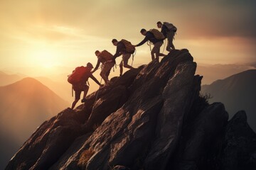 Group of hikers climbing on top of a mountain at sunset. Concept of active lifestyle, Group of people on a peak mountain climbing, assisting in teamwork, AI Generated - obrazy, fototapety, plakaty