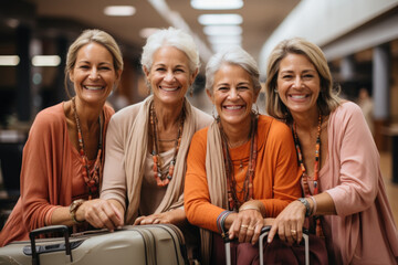 mature women different nations in airport with luggage