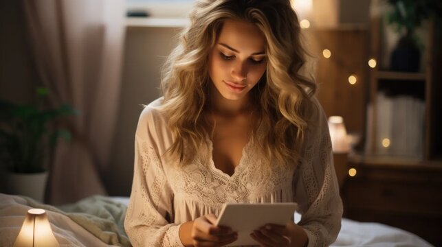 High key photograph of a teenager sitting on her bed reading a book, side angle, soft light colors