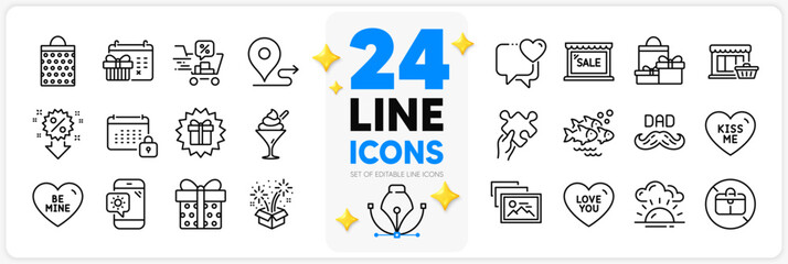 Icons set of Marketplace, Discounts cart and Gift box line icons pack for app with Puzzle, Ice cream, Be mine thin outline icon. Weather phone, Photo album, Surprise gift pictogram. Vector - obrazy, fototapety, plakaty
