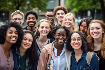 Obraz premium Group of diverse friends standing together and looking at camera in the street, Group photo of happy joyful diverse multiracial college, AI Generated