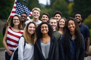 Group of diverse young people with american flag. Selective focus, Group photo of happy joyful diverse multiracial college, AI Generated