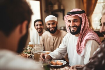Group of arabic people having dinner together while sitting at table, Handsome arabian man talking to cheerful multicultural muslim family during dinner, AI Generated - Powered by Adobe