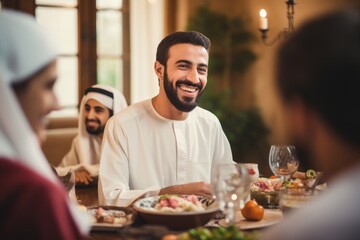 Handsome arabic man is talking to his family and smiling while having dinner at home, Handsome arabian man talking to cheerful multicultural muslim family during dinner, AI Generated