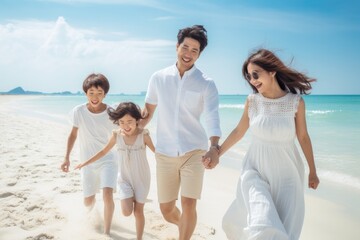 Happy asian family running on the beach and holding hands together, Happy asian family at consisting father, mother,son and daughter having fun playing beach, AI Generated