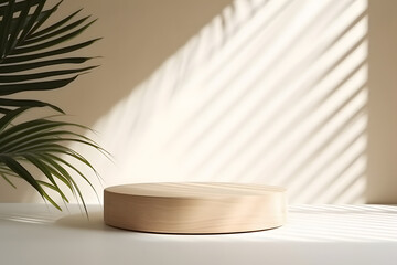 Minimal natural log, wood podium table in sunlight, palm leaves