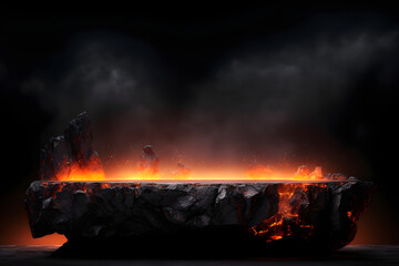 Stone podium. lava erupts rocks smelt, volcano hot magma rock ground, burning coals on sky night black and dark background with fume, dust. Display product advertising in underworld. Generative Ai.