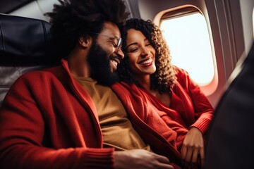 Beautiful Afro American couple is smiling and looking at each other while flying in airplane, Happy smiling black couple is flying in an airplane in first class, AI Generated
