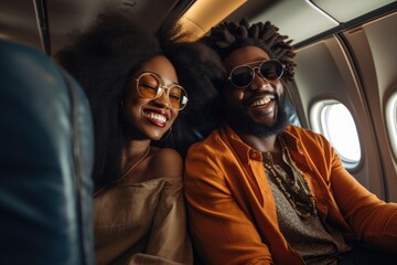 stylish african american couple in sunglasses smiling at camera in plane, Happy smiling black couple is flying in an airplane in first class, AI Generated