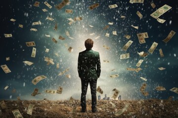 Back view of young businessman standing in rain and looking at falling money, A rearview of a happy and successful man standing under a rain of money, with a lot of dollar, AI Generated - obrazy, fototapety, plakaty