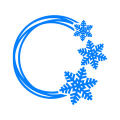 Tiempo de Navidad. Logo con marco circular con líneas con silueta de copos de nieve para su uso en tarjeta y felicitaciones - obrazy, fototapety, plakaty
