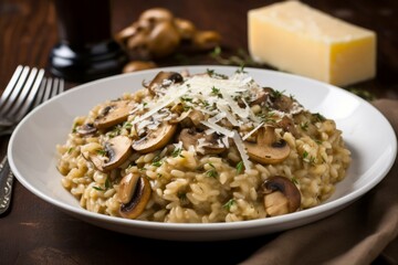 Vegetarian mushroom risotto. Dish meal lunch dinner gourmet. Generate Ai