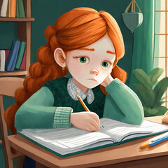Abstract sad girl with ginger hair doing her homework at home