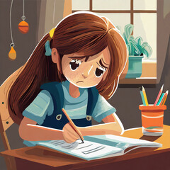 Abstract sad girl with brown hair doing her homework at home