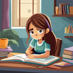 Abstract sad girl with brown hair doing her homework at home