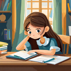 Abstract sad girl with brown hair doing her homework at home