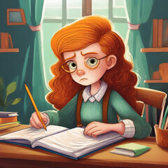 Abstract sad girl with ginger hair doing her homework at home