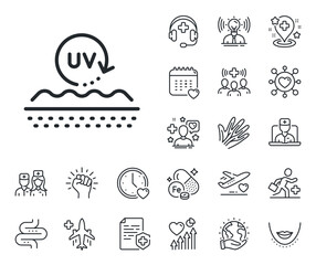 Skin care sign. Online doctor, patient and medicine outline icons. Uv protection cream line icon. Cosmetic lotion symbol. Uv protection line sign. Veins, nerves and cosmetic procedure icon. Vector