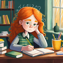 Abstract sad girl with ginger hair doing her homework at home