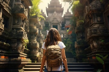 Young woman traveler with backpack looking at Hindu temple in Bali, Indonesia, A tourist woman with a backpack on vacation, walking through the Hindu temple in Bali, Indonesia, AI Generated - obrazy, fototapety, plakaty
