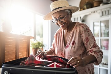 Senior African American woman packing her travel suitcase for a global adventure
