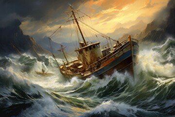 Old ship in stormy sea with storm waves. 3d illustration, A vintage fishing boat navigating rough seas, AI Generated - obrazy, fototapety, plakaty