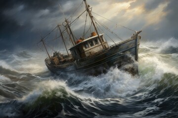 Fishing boat in stormy sea, 3d rendering. Computer digital drawing, A vintage fishing boat navigating rough seas, AI Generated - obrazy, fototapety, plakaty