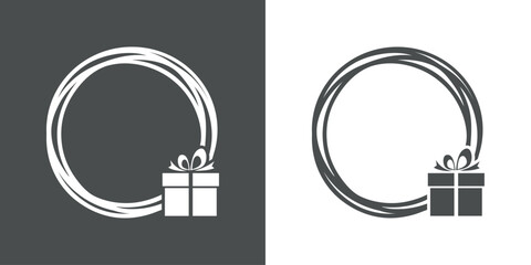 Tiempo de Navidad. Logo con marco circular con líneas con silueta de caja de regalo con lazo de cinta para su uso en felicitaciones y tarjetas - obrazy, fototapety, plakaty