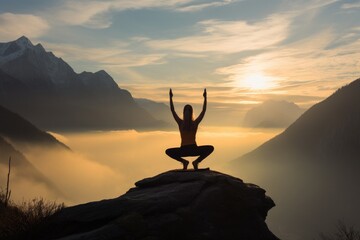 Silhouette of a woman practicing yoga on top of a mountain at sunrise, A woman doing yoga on the mountain, AI Generated