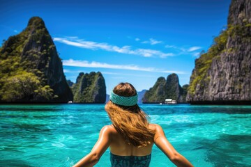 Young woman in turquoise water at Maya bay, Phi Phi island, Thailand, A young woman swimming in clear sea water in a lagoon and looking at a beautiful landscape, AI Generated - obrazy, fototapety, plakaty