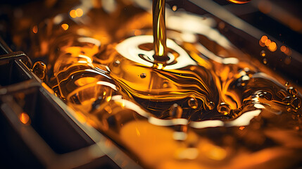 Pouring car engine oil in a close-up shot, - obrazy, fototapety, plakaty
