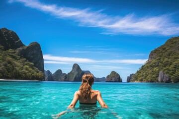 Young woman enjoying the beauty of a tropical island in Krabi, Thailand, A young woman swimming in clear sea water in a lagoon and looking at a beautiful landscape, Travelling tour, AI Generated - obrazy, fototapety, plakaty