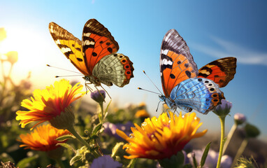 two butterflies of different colors are flying in the flowers