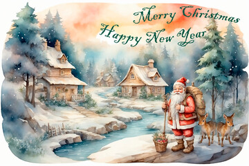 Merry Christmas. Happy New Year. Greeting card Santa Claus came out of the forest house to the children with gifts