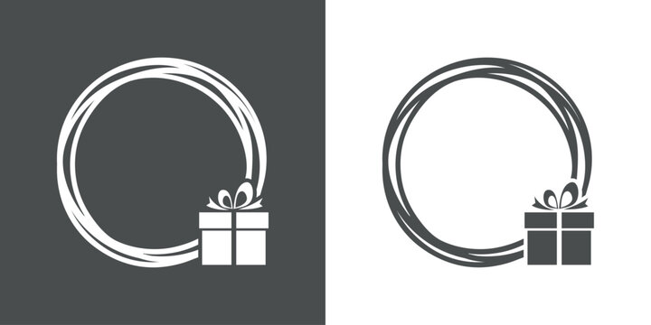 Tiempo de Navidad. Logo con marco circular con líneas con silueta de caja de regalo con lazo de cinta para su uso en felicitaciones y tarjetas
