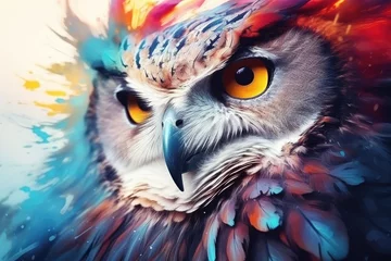 Poster Owl with colorful abstract background. Digital painting. 3d rendering, Abstract animal owl portrait closeup with colorful double-exposure paint, AI Generated © Ifti Digital