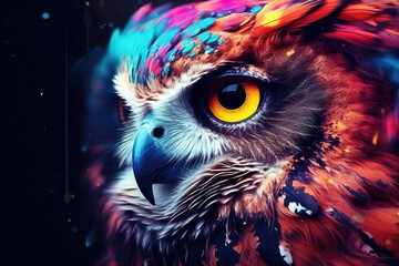 Beautiful owl with colorful eyes on a dark background. 3d rendering, Abstract animal owl portrait closeup with colorful double-exposure paint, AI Generated