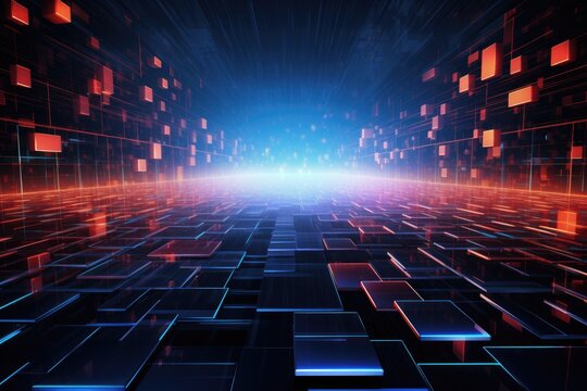 Abstract technology background with glowing lines and squares. 3D Rendering, Abstract background in science and technology, AI Generated