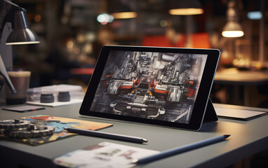 Tablet screen layout with graphic digital art work design on the creator's desktop, user-friendly app concept
