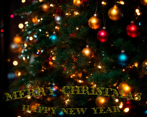 Merry Christmas. Happy New Year. Greeting card with Christmas tree toys and lights