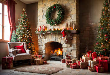Fototapeta na wymiar Merry Christmas. Happy New Year. Greeting card with fireplace room with gifts from Santa Claus