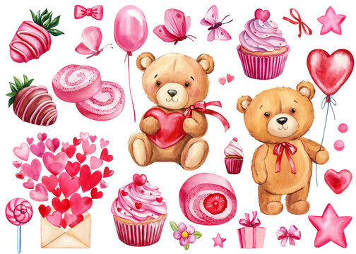 Teddy bear, heart and sweet set. Hand painted watercolor illustration for Valentines day sticker, invitation, and card