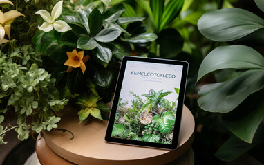 Tablet screen with charts and graphs on table with house plants, eco friendly and sustainability concept