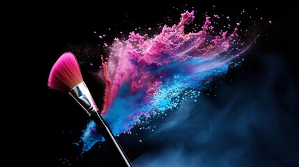 A soft makeup brush releases colourful powder into a dusty, expansive cloud. Black background. Generative AI - obrazy, fototapety, plakaty